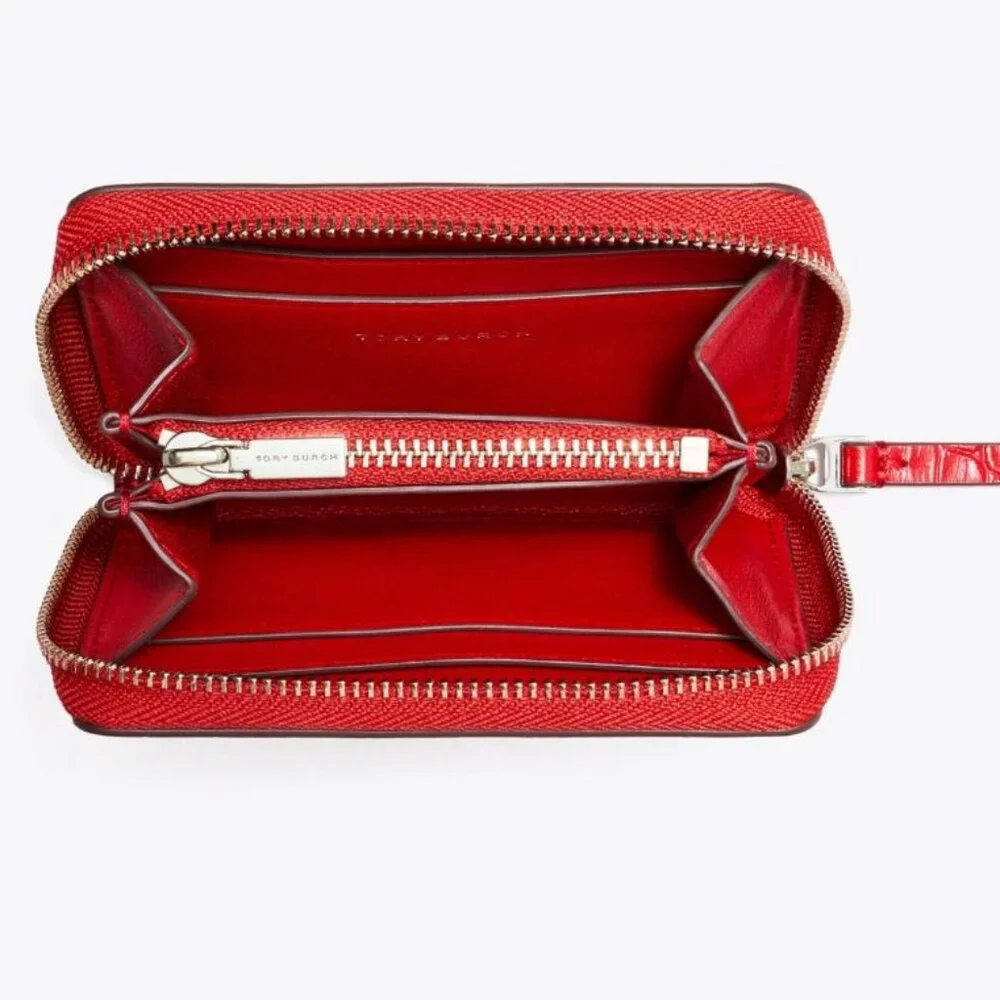 Tory Burch Small Kira Croc-Embossed Leather Zip-around Wallet Red Sky - Picture 2 of 8